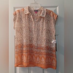 NWT Vince Camuto S Soft Creme Orange Mosaic Seas Sleeveless Collar Sheer Blouse